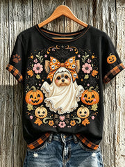 Women's Fall Halloween Cute Animal Pattern Printed Casual Short Sleeve T-Shirt gracestitchs