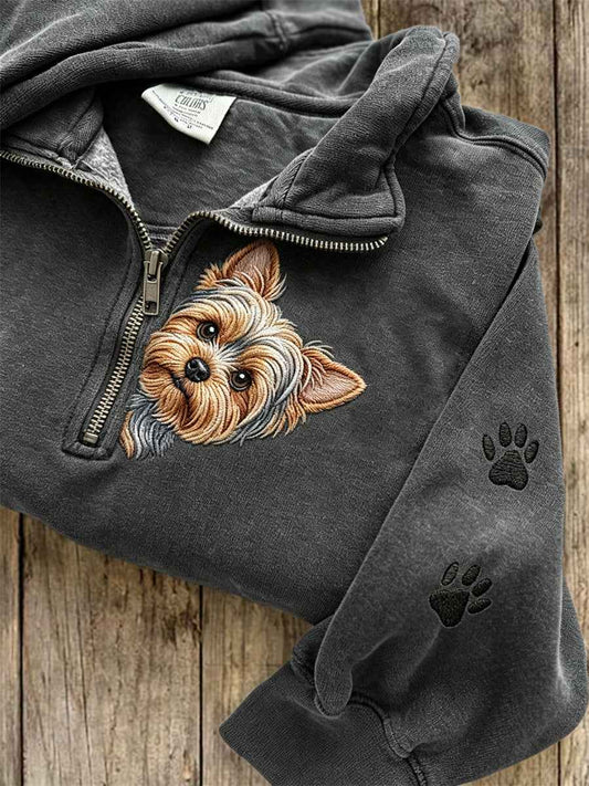 Women's Peeking Yorkshire Terrier Dog & Paw Prints Zip Up Sweatshirt