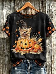 Women's Fall Halloween Cute Animal Pattern Printed Casual Short Sleeve T-Shirt