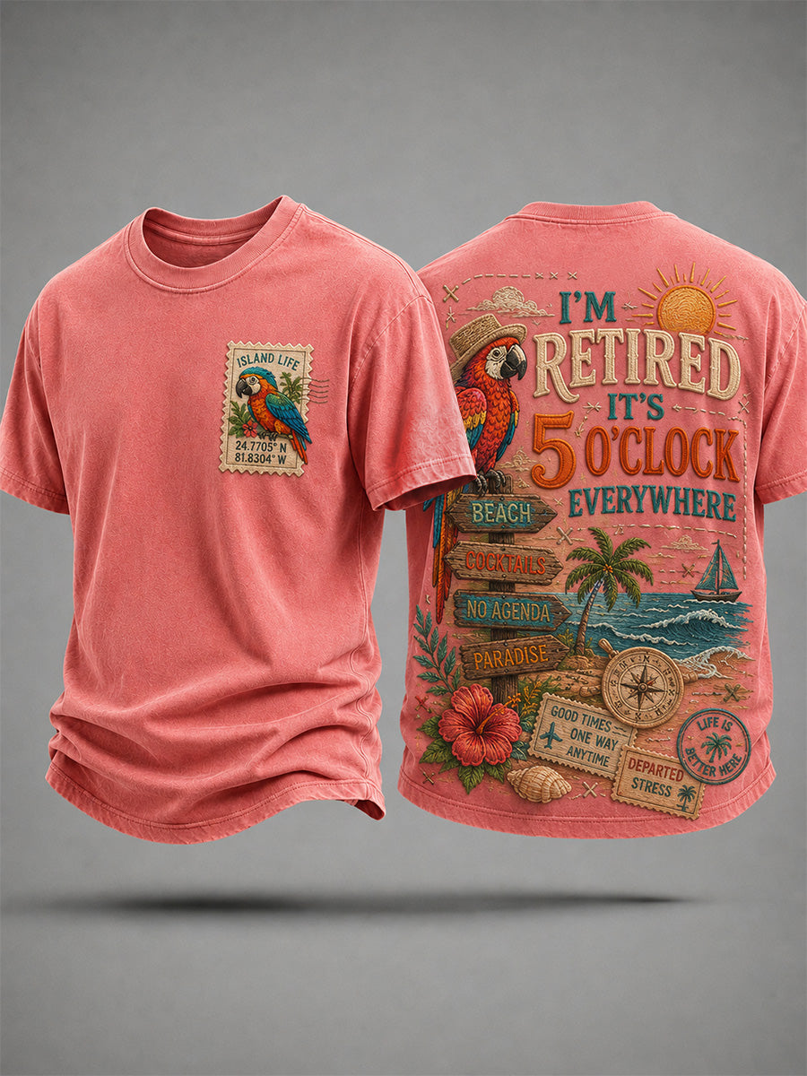 Men's I'm Retired It's 5 O'clock Everywhere Parrot Print Casual Tee gracestitchs