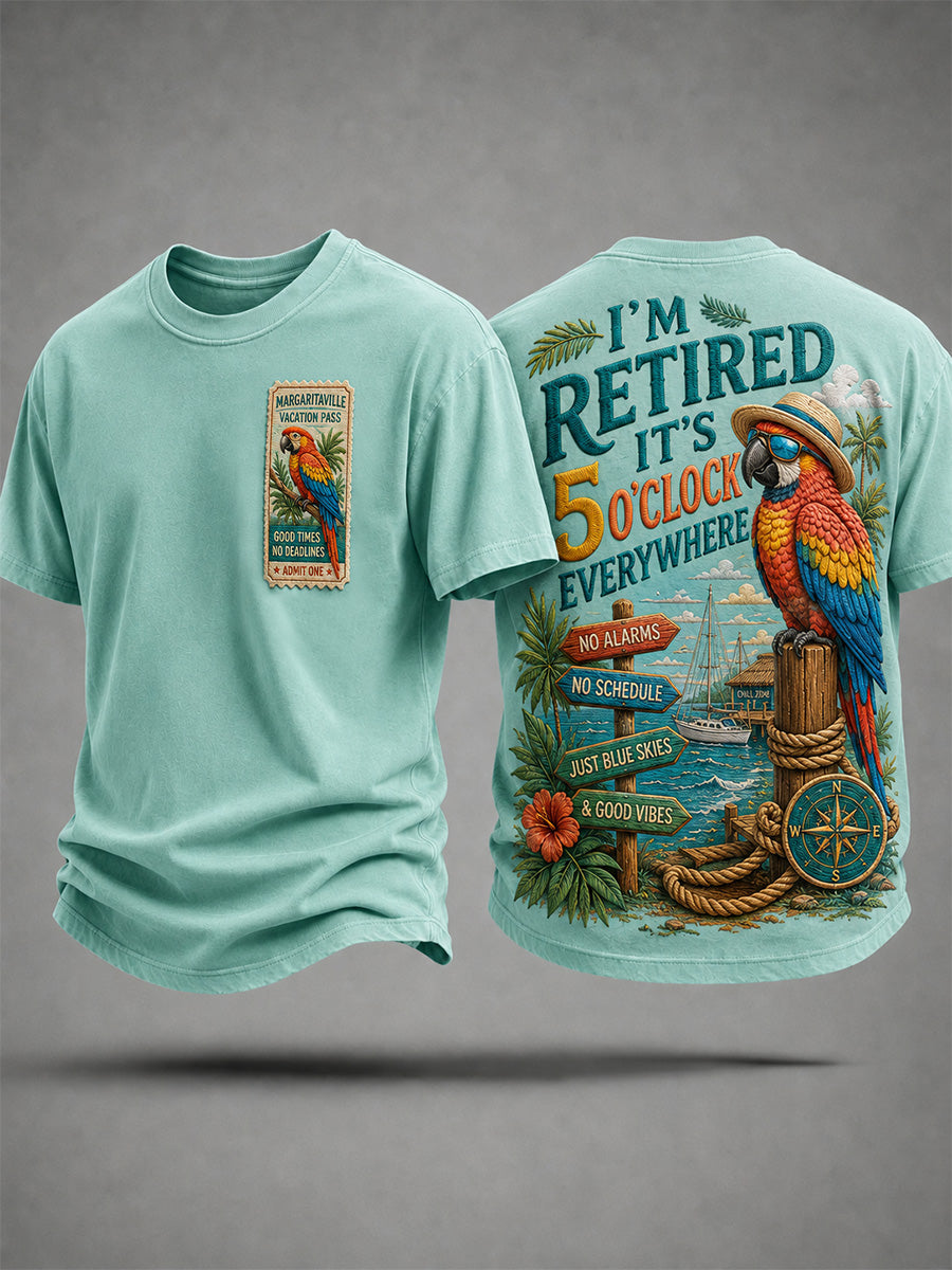 Men's I'm Retired It's 5 O'clock Everywhere Parrot Print Casual Tee gracestitchs