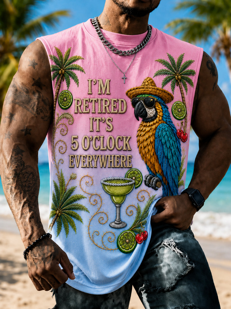 Men's I'm Retired It's 5 O'clock Everywhere Parrot Vests gracestitchs