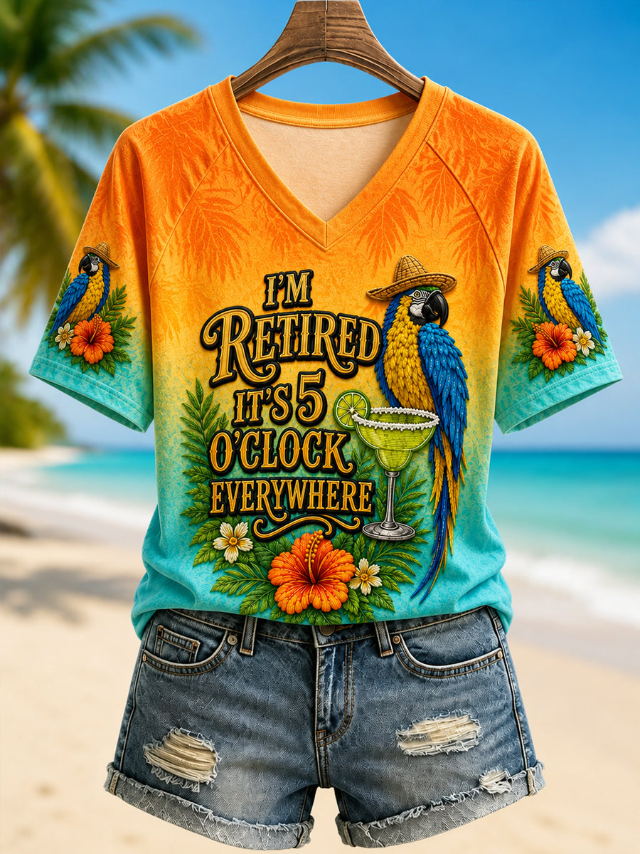 Women's I'm Retired It's 5 O'clock Everywhere Parrot  V-neck Short Sleeve T-shirt gracestitchs