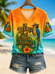 Women's I'm Retired It's 5 O'clock Everywhere Parrot  V-neck Short Sleeve T-shirt gracestitchs