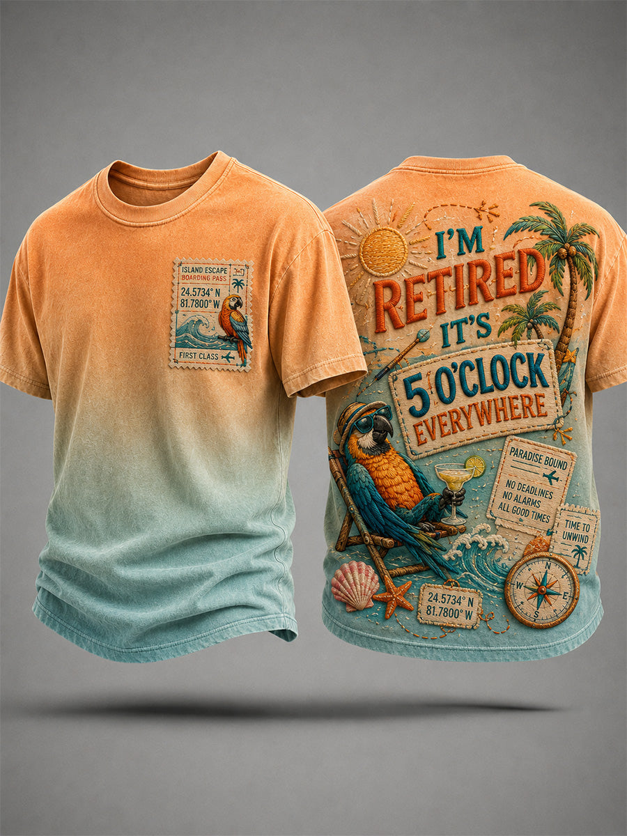 Men's I'm Retired It's 5 O'clock Everywhere Parrot Print Casual Tee gracestitchs