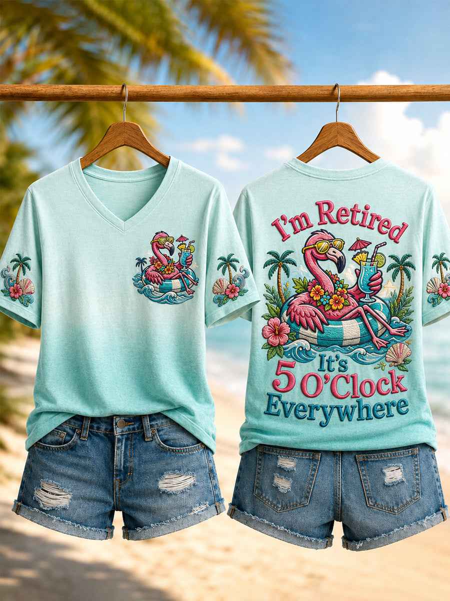 Women's I'm Retired It's 5 O'clock Everywhere Flamingo Print Casual V-Neck Tee