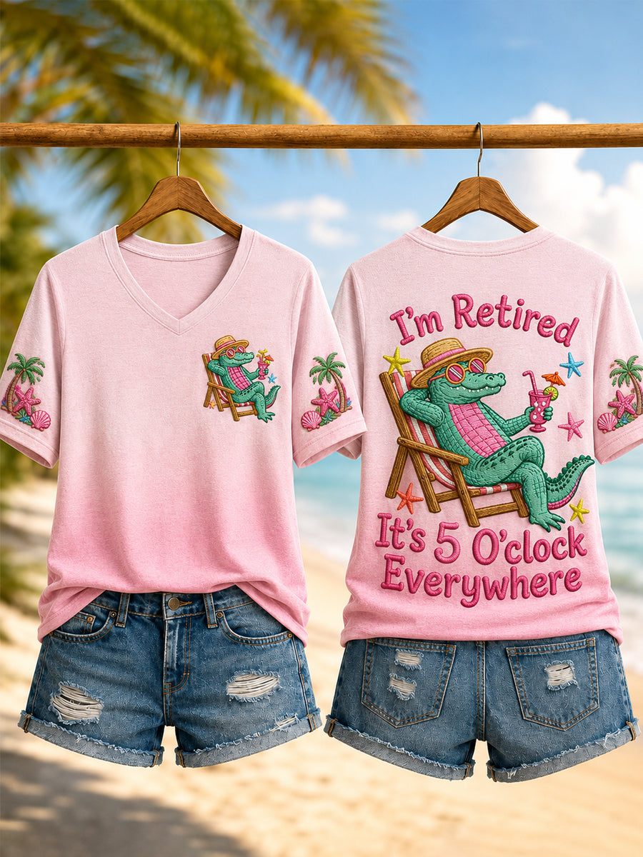Women's I'm Retired It's 5 O'clock Everywhere Crocodile Print Casual V-Neck Tee gracestitchs
