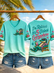 Women's I'm Retired It's 5 O'clock Everywhere Crocodile Print Casual V-Neck Tee gracestitchs