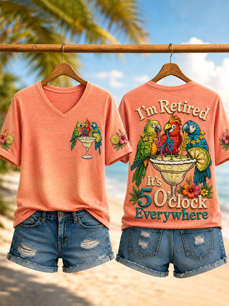 Women's I'm Retired It's 5 O'clock Everywhere Parrots Print Casual V-Neck Tee gracestitchs