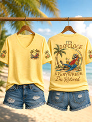 Women's I'm Retired It's 5 O'clock Everywhere Parrot Print Casual V-Neck Tee gracestitchs
