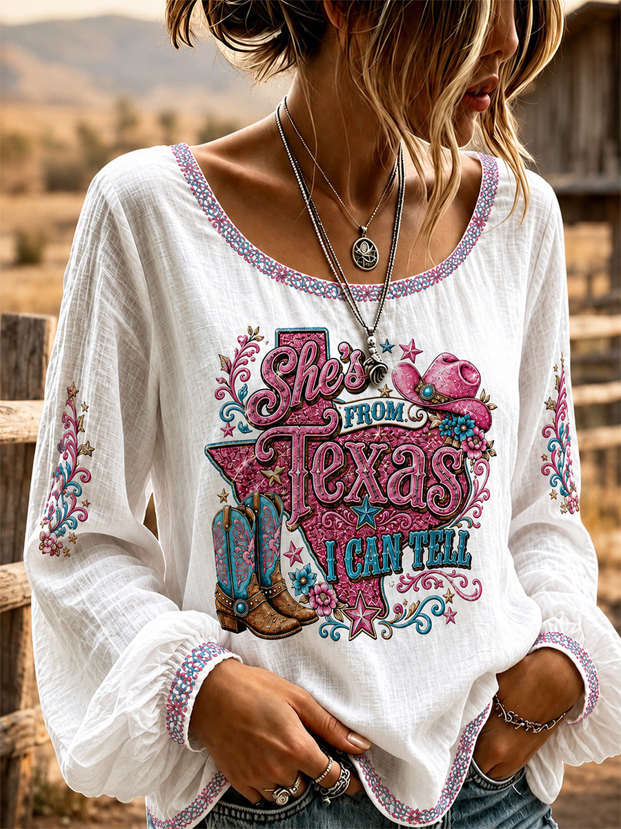 Women's She's From Texas I Can Tell Print Casual Top gracestitchs
