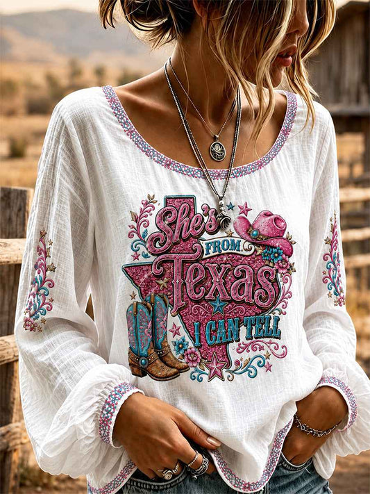 Women's She's From Texas I Can Tell Print Casual Top gracestitchs