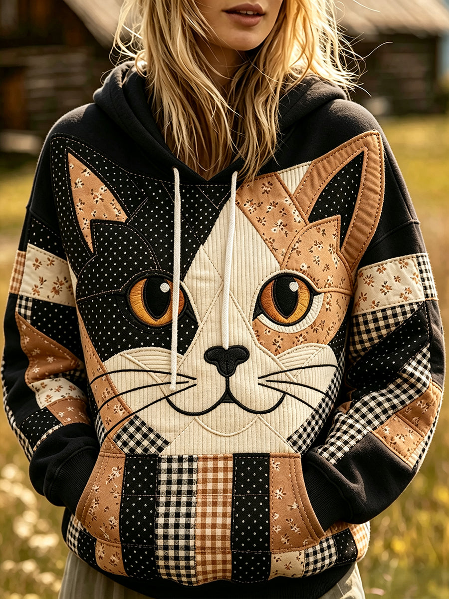 Women's Cute Cat Face Patchwork Print Cozy Hoodie gracestitchs