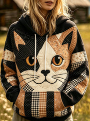 Women's Cute Cat Face Patchwork Print Cozy Hoodie gracestitchs