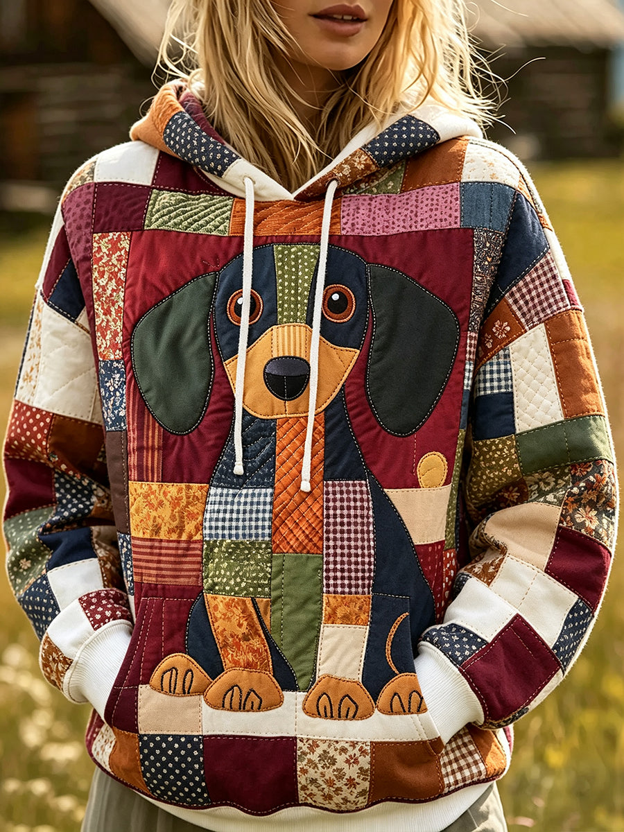 Women's Cute Dachshund Patchwork Print Cozy Hoodie gracestitchs