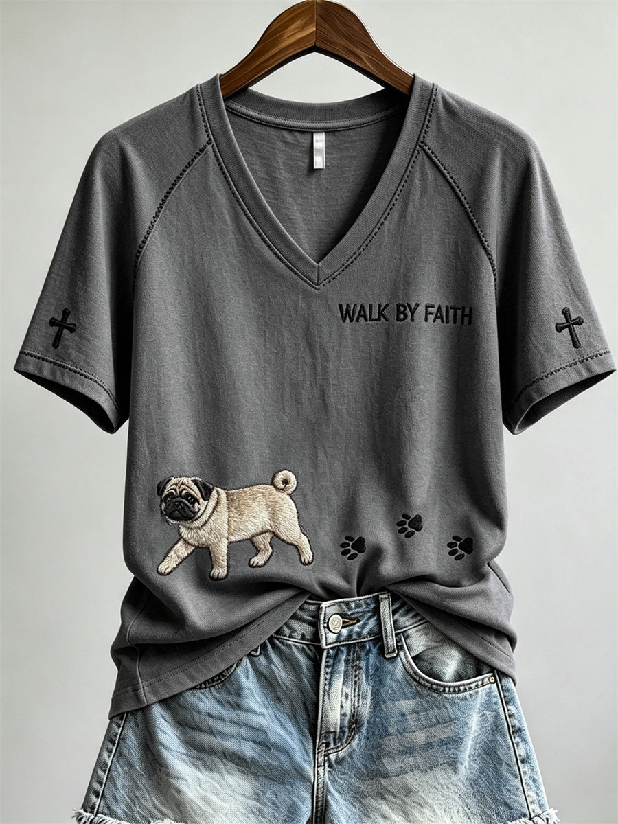 Women's Walk By Faith Pug Dog & Paw Prints short-sleeved T-shirt gracestitchs
