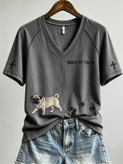Women's Walk By Faith Pug Dog & Paw Prints short-sleeved T-shirt gracestitchs