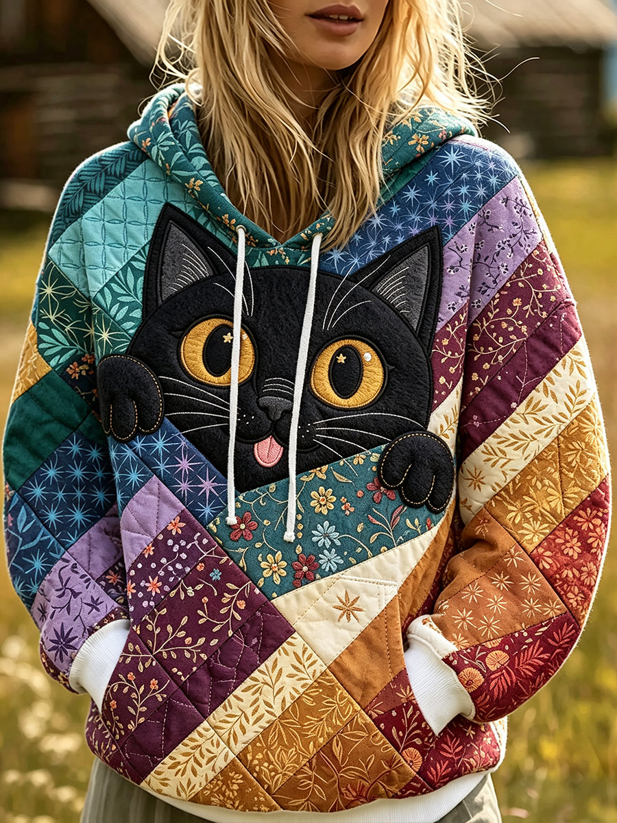 Women's Cute Peeking Cat Patchwork Print Cozy Hoodie gracestitchs