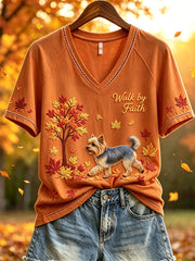 Women's Walk by Faith Fall Walking Yorkshire Dog Print short-sleeved T-shirt gracestitchs