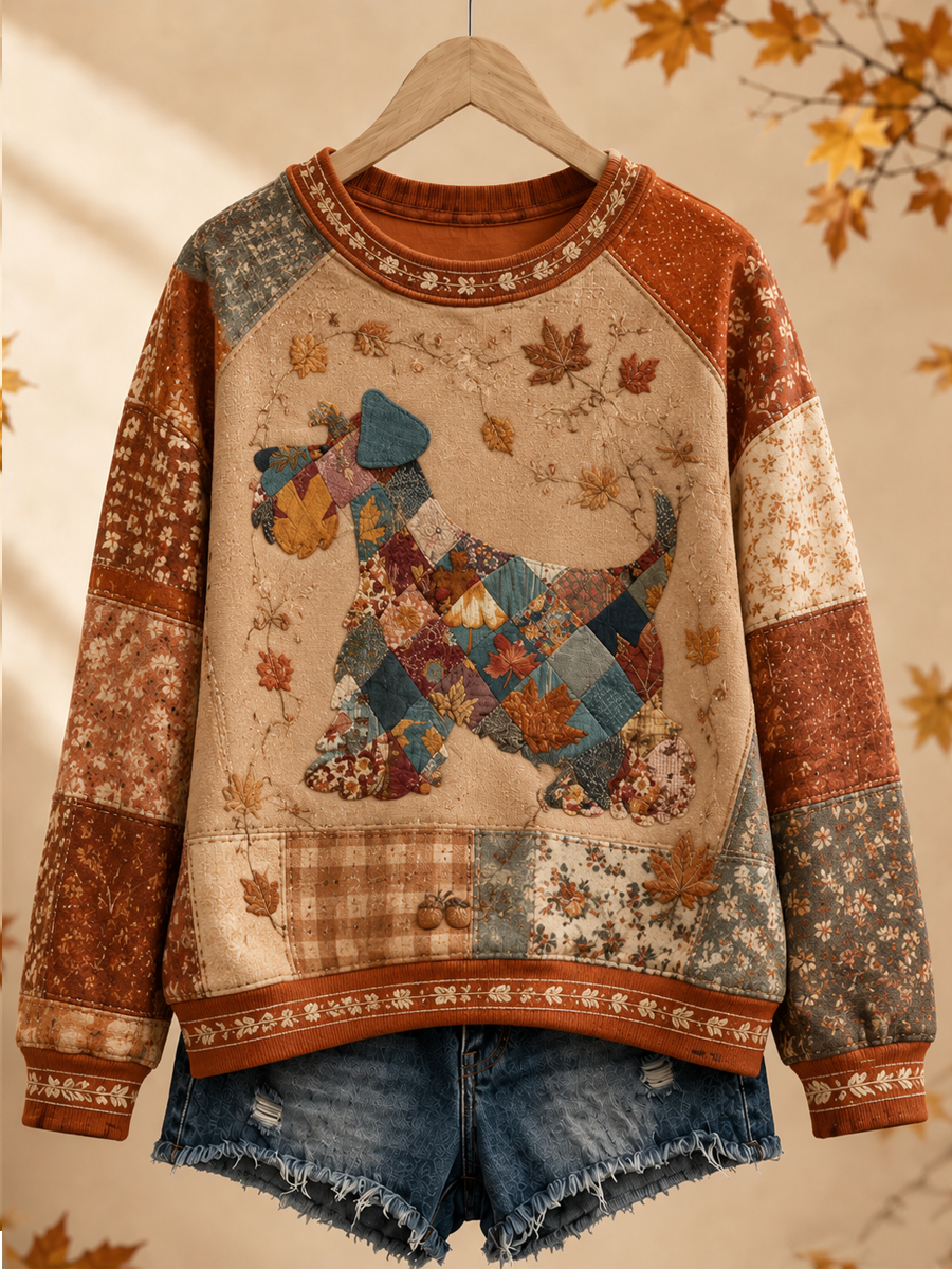 Women's Autumn Patchwork Dog Regular Sweatshirt gracestitchs