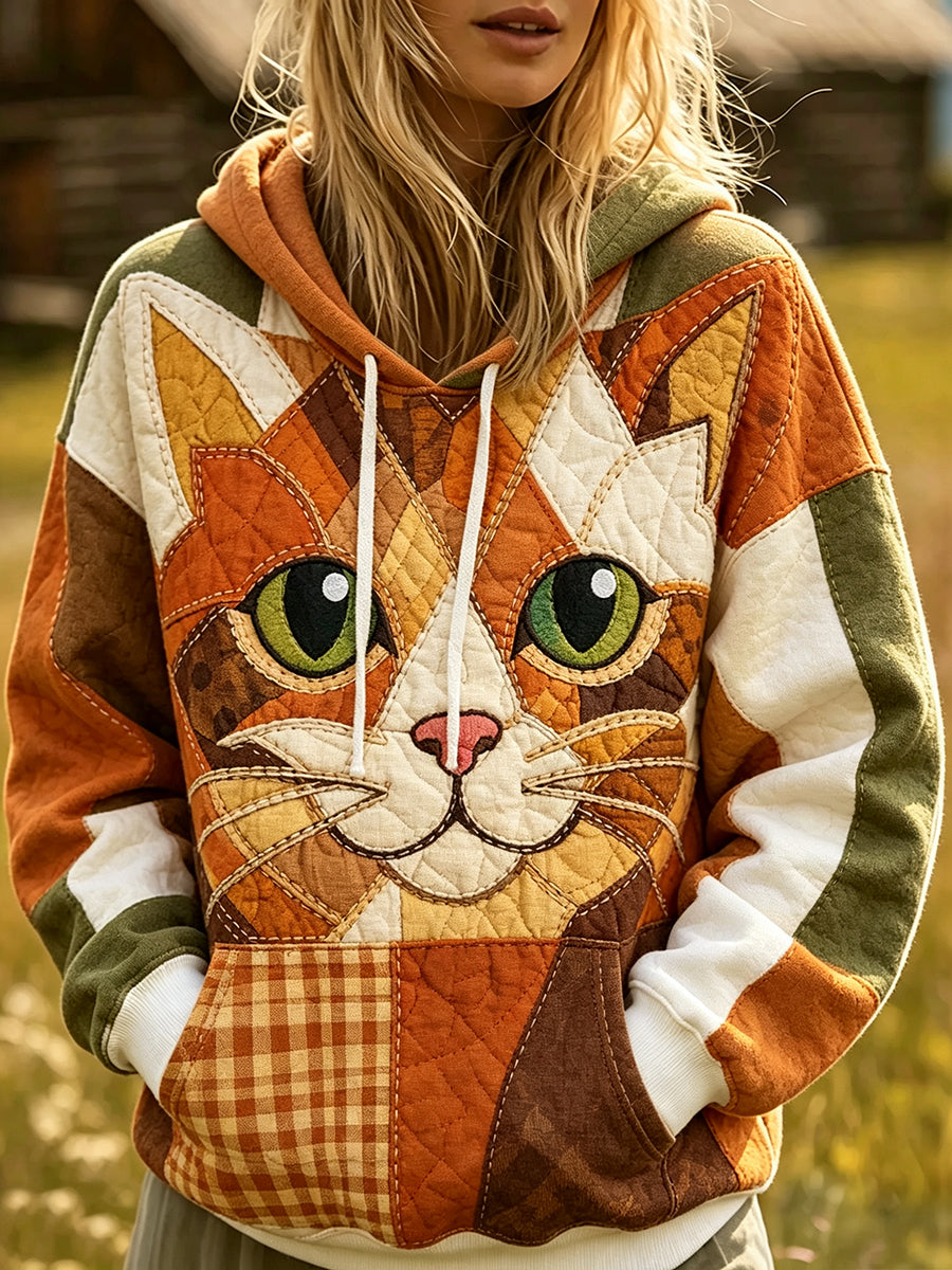 Women's Cute Cat Face Patchwork Print Cozy Hoodie gracestitchs