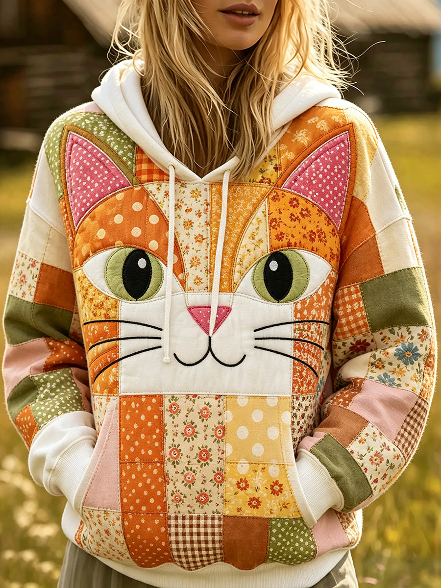 Women's Cute Cat Face Patchwork Print Cozy Hoodie gracestitchs
