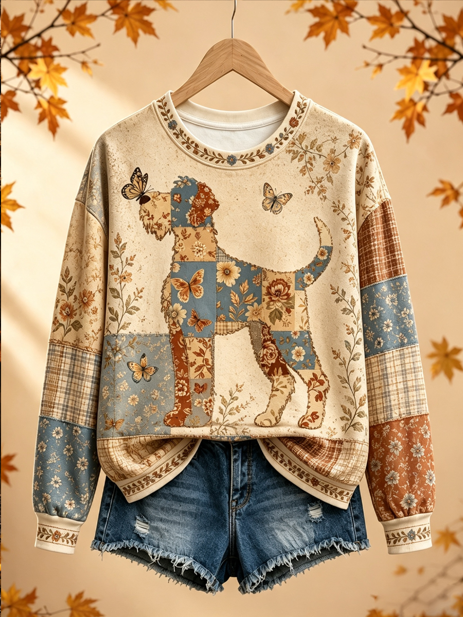 Women's Autumn Patchwork Dog Regular Sweatshirt gracestitchs