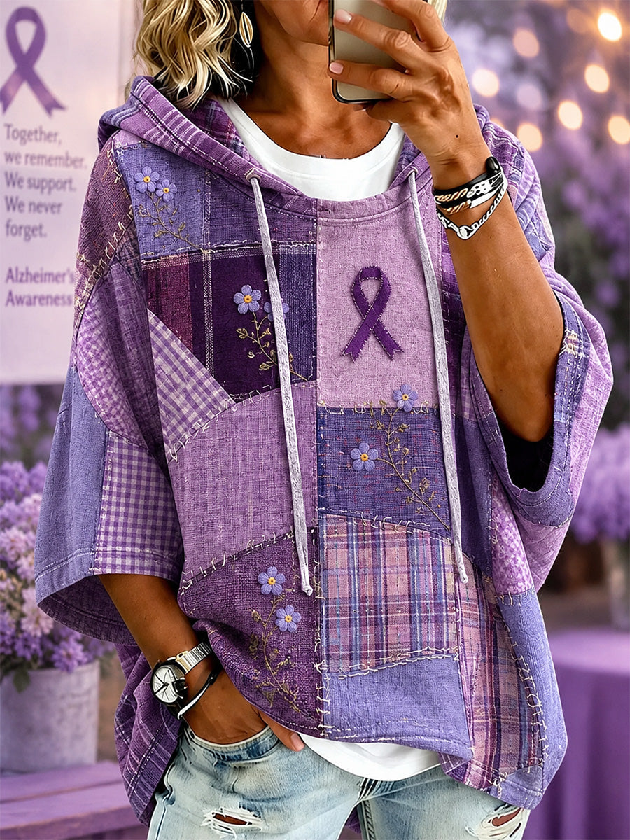 Women's Purple Floral Print Alzheimer's Awareness Support Short-Sleeve Hoodie gracestitchs