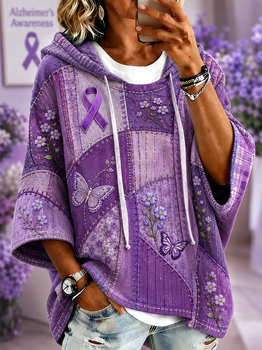 Women's Purple Floral & Butterfly Print Alzheimer's Awareness Support Short-Sleeve Hoodie gracestitchs