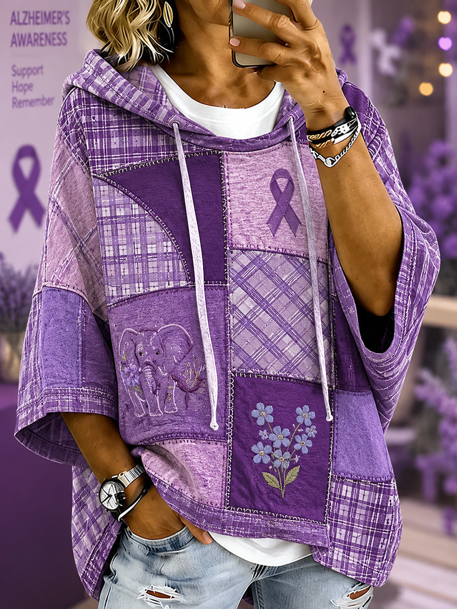 Women's Purple Floral & Elephant Print Alzheimer's Awareness Support Short-Sleeve Hoodie gracestitchs