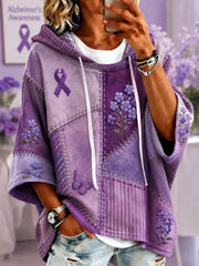 Women's Purple Floral & Butterfly Print Alzheimer's Awareness Support Short-Sleeve Hoodie gracestitchs