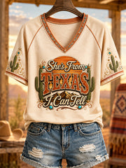 Women's She's From Texas I Can Tell Print Casual V-Neck Tee gracestitchs