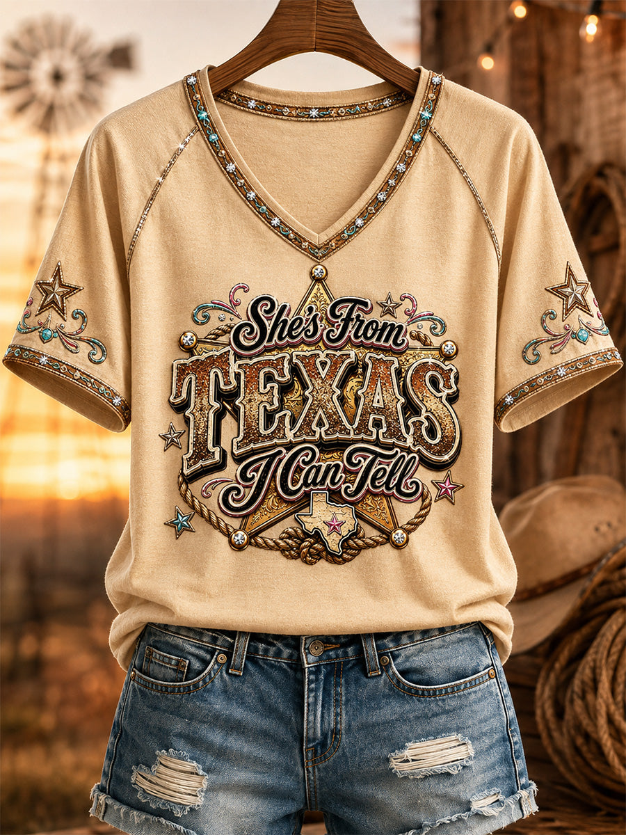 Women's She's From Texas I Can Tell Print Casual V-Neck Tee gracestitchs