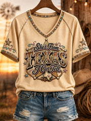 Women's She's From Texas I Can Tell Print Casual V-Neck Tee gracestitchs