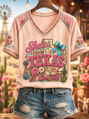 Women's She's From Texas I Can Tell Print Casual V-Neck Tee gracestitchs