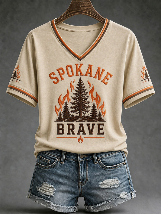 Women's Pray For Spokane Complex Fire Print Casual V-Neck Tee gracestitchs