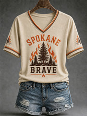 Women's Pray For Spokane Complex Fire Print Casual V-Neck Tee gracestitchs