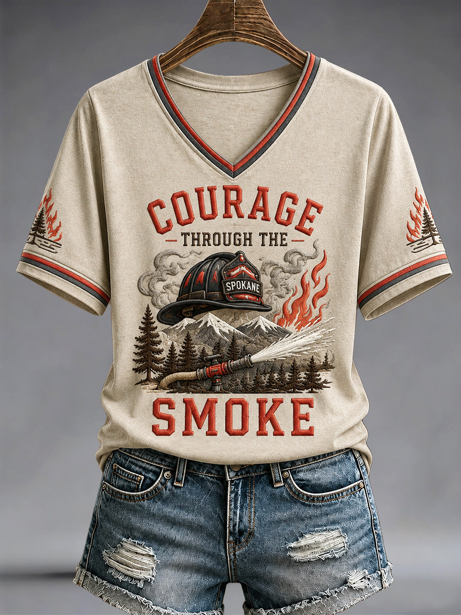 Women's Pray For Spokane Complex Fire Print Casual V-Neck Tee gracestitchs