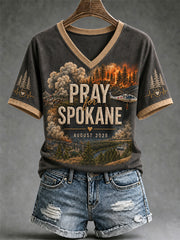 Women's Pray For Spokane Complex Fire Print Casual V-Neck Tee gracestitchs