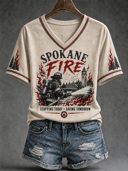 Women's Pray For Spokane Complex Fire Print Casual V-Neck Tee gracestitchs