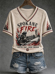 Women's Pray For Spokane Complex Fire Print Casual V-Neck Tee gracestitchs