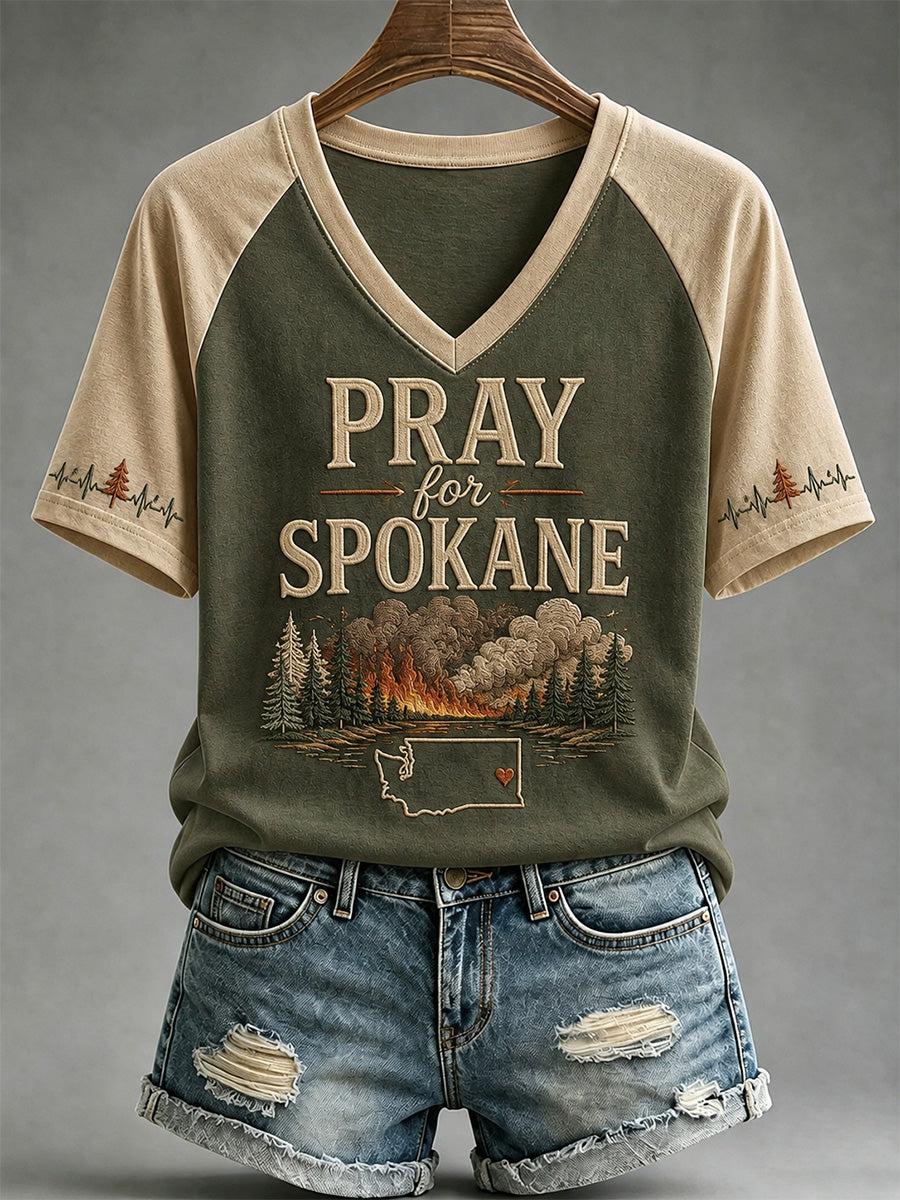 Women's Pray For Spokane Complex Fire Print Casual V-Neck Tee gracestitchs