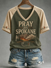 Women's Pray For Spokane Complex Fire Print Casual V-Neck Tee gracestitchs