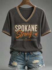 Women's Pray For Spokane Complex Fire Print Casual V-Neck Tee gracestitchs