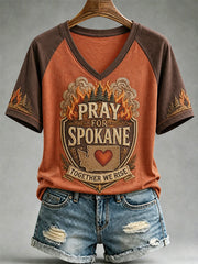 Women's Pray For Spokane Complex Fire Print Casual V-Neck Tee gracestitchs