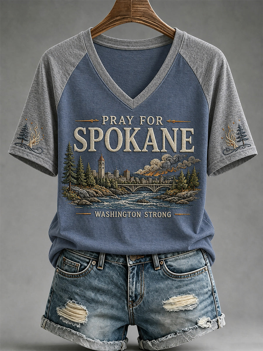 Women's Pray For Spokane Complex Fire Print Casual V-Neck Tee gracestitchs