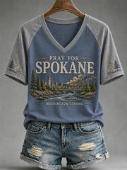 Women's Pray For Spokane Complex Fire Print Casual V-Neck Tee gracestitchs