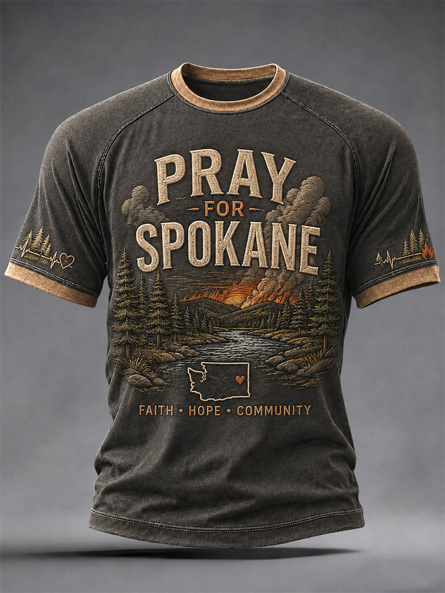Men's Pray For Spokane Complex Fire Print Casual Tee gracestitchs