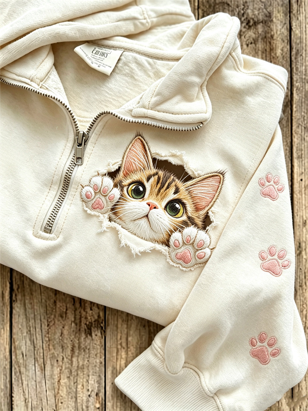 Women's cute cat pattern printed casual half zipper sweatshirt gracestitchs
