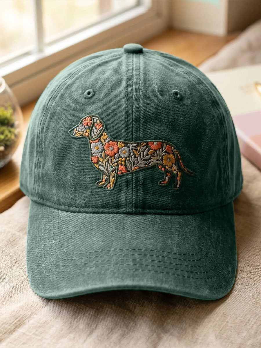 Unisex Washed Hat with Floral Dachshund Design gracestitchs